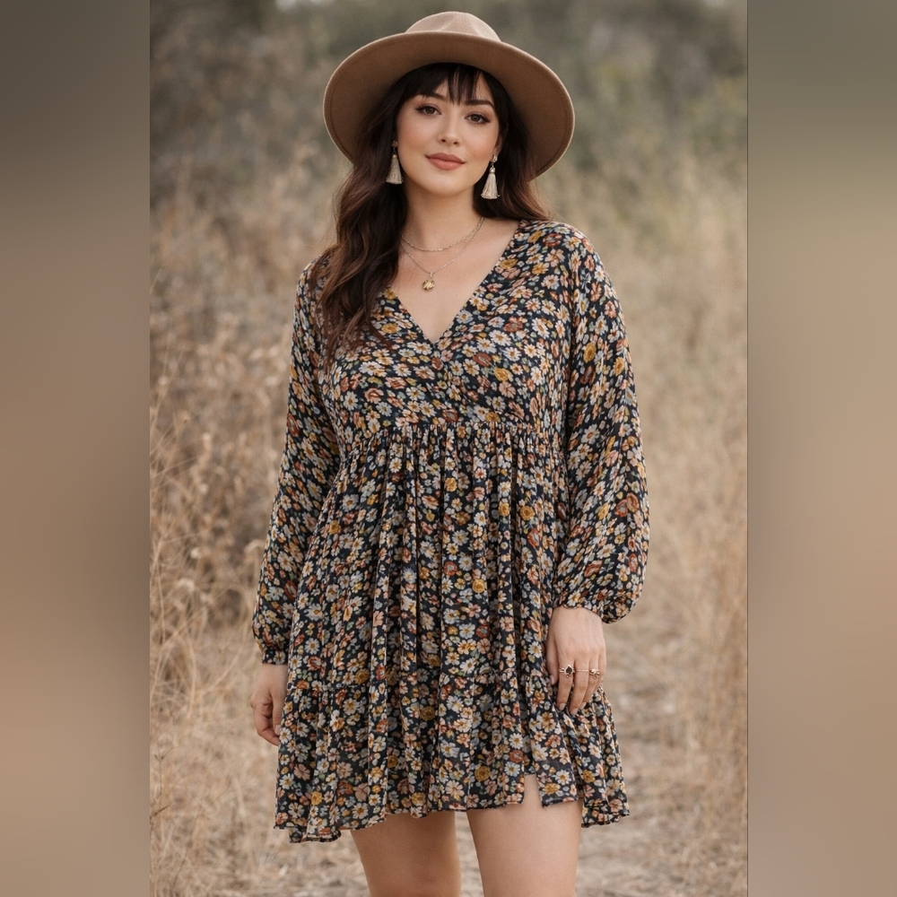 Arthur Jane Claire Sheer Boho Floral Mini Dress L | Cottagecore Flowy Dress